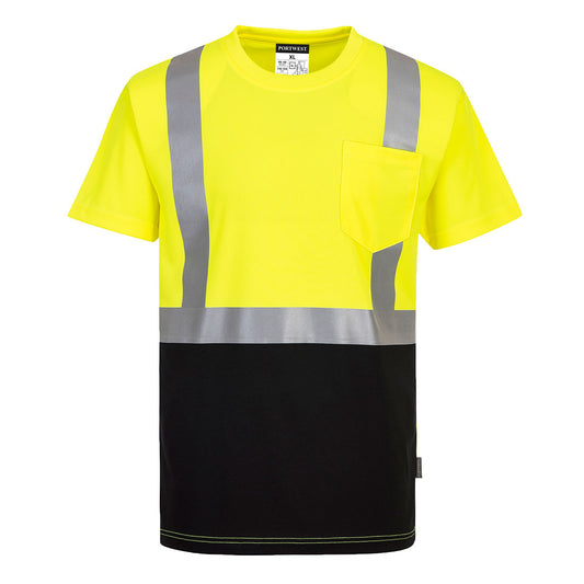 PORTWEST -YELLOW/BLACK HI-VIS POCKET TSHIRT  *