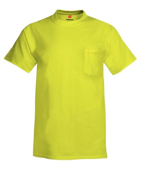 HANES - SAFETY GREEN WORK WEAR POCKET T-SHIRT  *